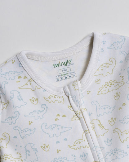 Twingle 100% Organic Cotton Baby Zipsuit-Sleepsuit-Two Way Zipper-Inbuilt Booties & Mittens-White-Dino Print-For Infants