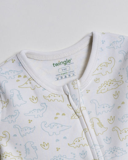 Twingle 100% Organic Cotton Sleepsuit-Zip Guard to Protect Baby's Chin & Neck-Two Way Zipper for Easy Diaper Change-Inbuilt Booties & Mittens-Elephant & Dino Print-White-For Infants