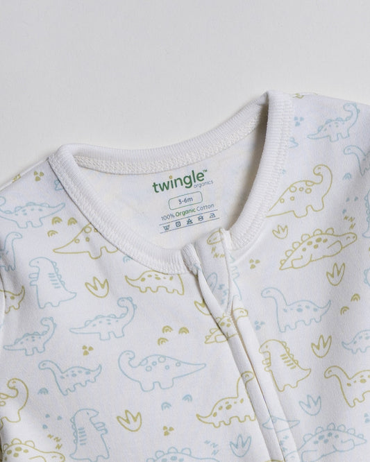 Twingle 100% Organic Cotton Baby Zipsuits-Sleepsuits-Two Way Zipper-Inbuilt Booties & Mittens-White-Elephant & Dino Print-Pack of 2-For Infants