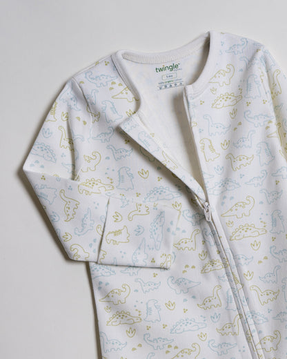 Twingle 100% Organic Cotton Baby Zipsuit-Sleepsuit-Two Way Zipper-Inbuilt Booties & Mittens-White-Dino Print-For Infants