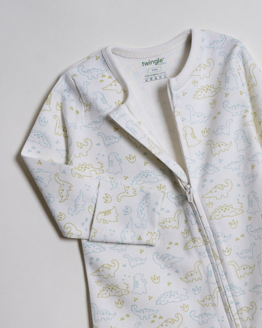 Twingle 100% Organic Cotton Baby Zipsuit-Sleepsuit-Two Way Zipper-Inbuilt Booties & Mittens-White-Dino Print-For Infants