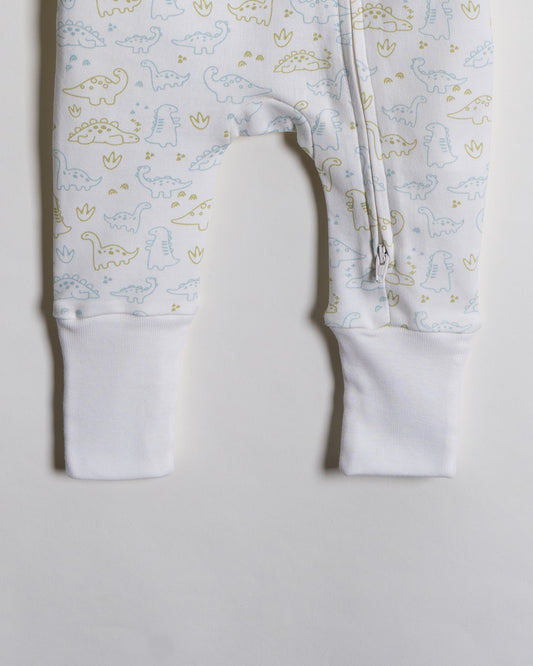 Twingle 100% Organic Cotton Baby Zipsuit-Sleepsuit-Two Way Zipper-Inbuilt Booties & Mittens-White-Dino Print-For Infants