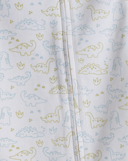 Twingle 100% Organic Cotton Sleepsuit-Zip Guard to Protect Baby's Chin & Neck-Two Way Zipper for Easy Diaper Change-Inbuilt Booties & Mittens-Elephant & Dino Print-White-For Infants
