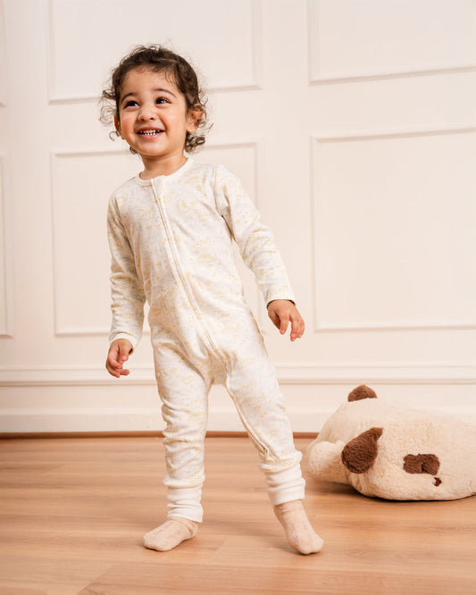 Twingle 100% Organic Cotton Baby Zipsuits-Sleepsuits-Two Way Zipper-Inbuilt Booties & Mittens-White-Elephant & Dino Print-Pack of 2-For Infants