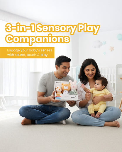 nuluv Sensory Cuddlies Squeaker Soft Toy & Rattle with Crinkle Sound-Set of 3-Plush Toy For 3M+