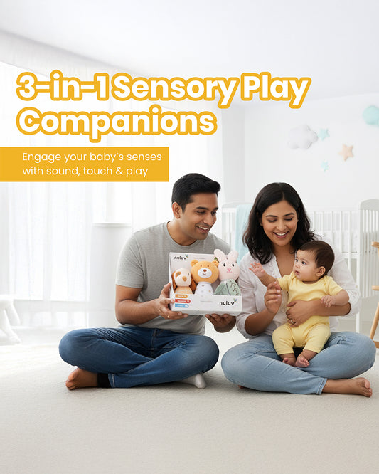 nuluv Sensory Cuddlies Squeaker Soft Toy & Rattle with Crinkle Sound-Set of 3-Plush Toy For 3M+