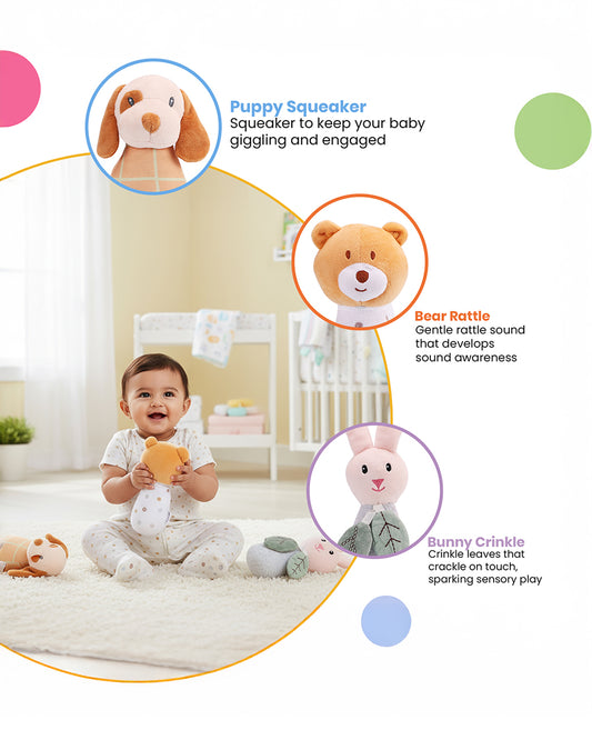 nuluv Sensory Cuddlies Squeaker Soft Toy & Rattle with Crinkle Sound-Set of 3-Plush Toy For 3M+