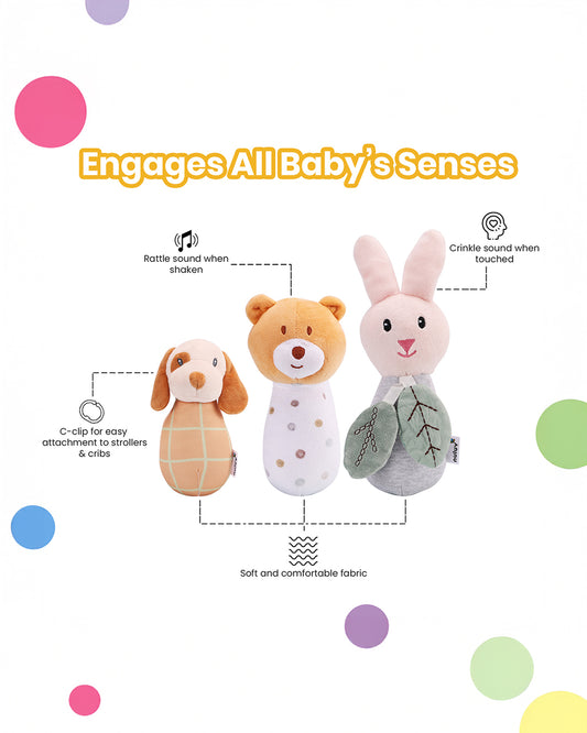 nuluv Sensory Cuddlies Squeaker Soft Toy & Rattle with Crinkle Sound-Set of 3-Plush Toy For 3M+