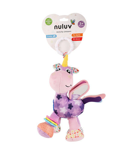 nuluv Activity Unicorn Rattle Toy with Crinkle Sound & Mirror-Easy Attachment with Stroller & Crib-For 3M+