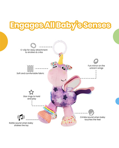 nuluv Activity Unicorn Rattle Toy with Crinkle Sound & Mirror-Easy Attachment with Stroller & Crib-For 3M+