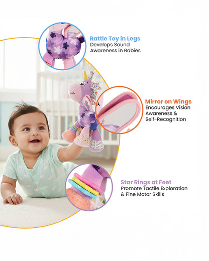 nuluv Activity Unicorn Rattle Toy with Crinkle Sound & Mirror-Easy Attachment with Stroller & Crib-For 3M+