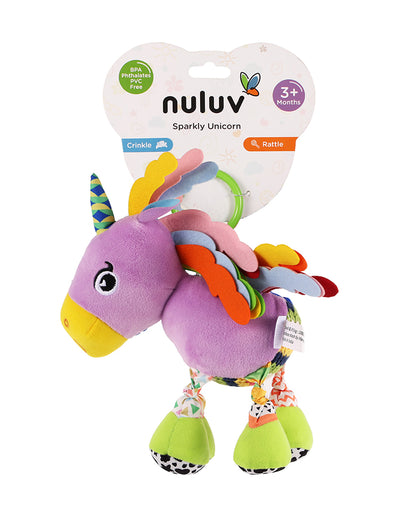 nuluv Sparkly Unicorn Rattle Toy with Crinkle Sound-Easy Attachment with Stroller & Crib-For 3M+