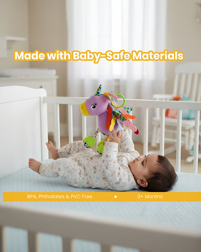 nuluv Sparkly Unicorn Rattle Toy with Crinkle Sound-Easy Attachment with Stroller & Crib-For 3M+