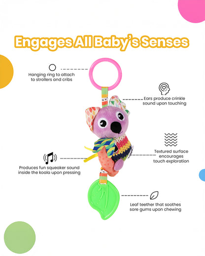 nuluv Activity Koala Squeaker Soft Toy & Teether with Crinkle Sound-Easy Attachment with Stroller & Crib-For 3M+