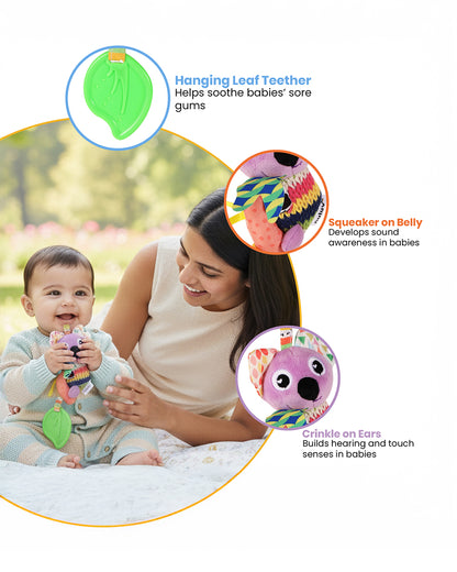 nuluv Activity Koala Squeaker Soft Toy & Teether with Crinkle Sound-Easy Attachment with Stroller & Crib-For 3M+