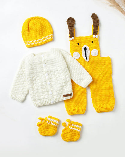 The Original Knit Off White & Yellow Winter Wear Dungaree Set-Crochet-Acrylic-For Infants