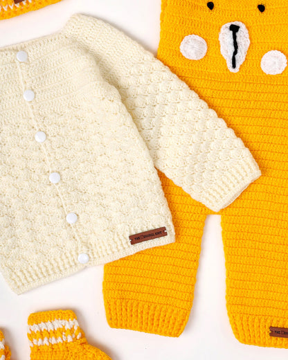 The Original Knit Off White & Yellow Winter Wear Dungaree Set-Crochet-Acrylic-For Infants