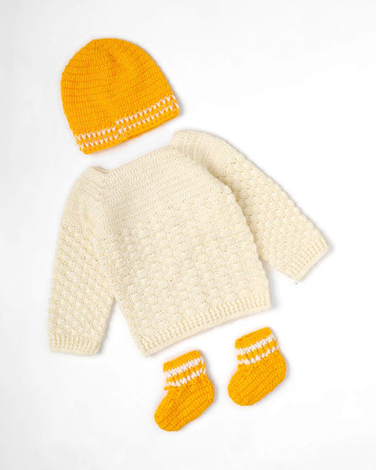 The Original Knit Off White & Yellow Winter Wear Dungaree Set-Crochet-Acrylic-For Infants