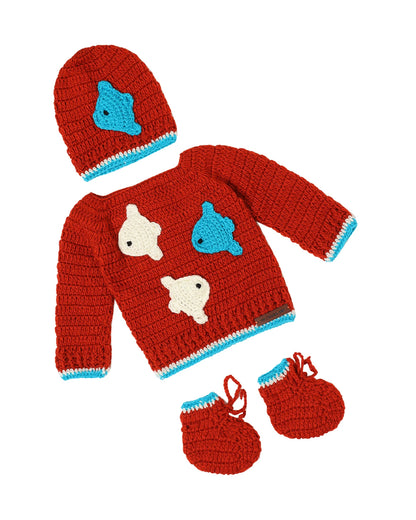 The Original Knit Red Winter Wear Sweater with Caps & Booties-Crochet-Acrylic-For Infants