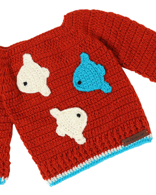 The Original Knit Red Winter Wear Sweater with Caps & Booties-Crochet-Acrylic-For Infants