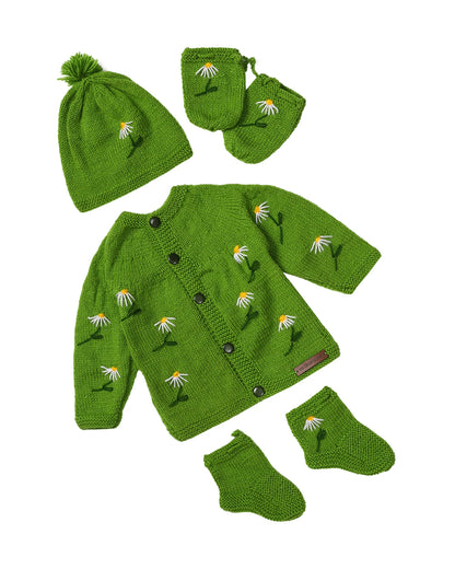 The Original Knit Green Winter Wear Sweater with Caps, Booties & Mittens-Crochet-Acrylic-For Infants