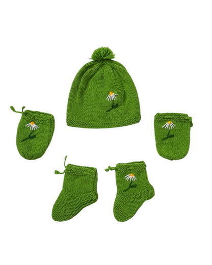 The Original Knit Green Winter Wear Sweater with Caps, Booties & Mittens-Crochet-Acrylic-For Infants