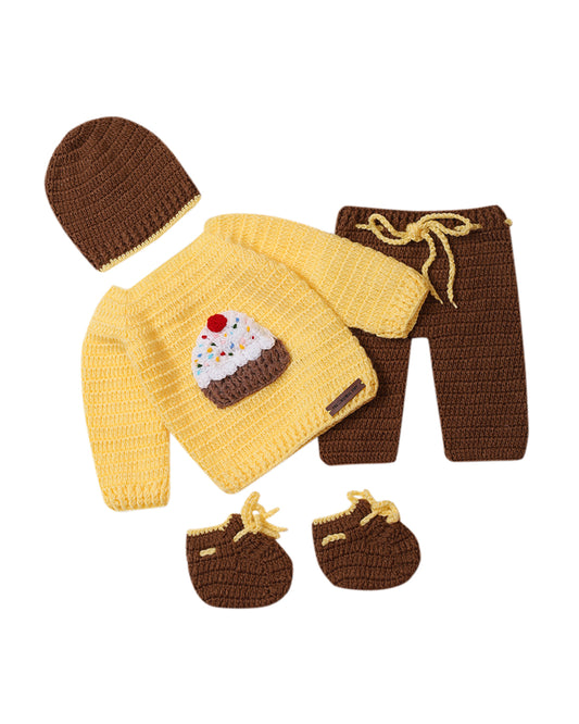 The Original Knit Brown Winter Wear Sweater Set with Caps & Booties-Crochet-Acrylic-For Infants