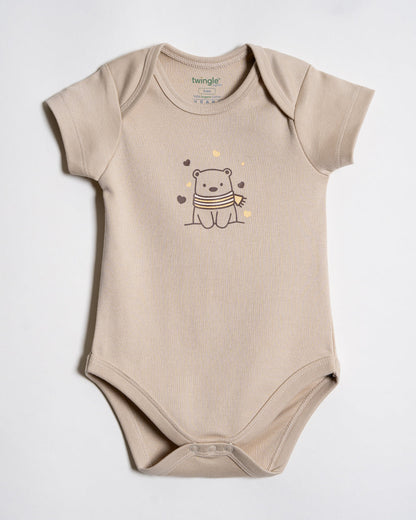 Twingle 100% Organic Cotton Bodysuit-Envelope Neck for Easy Dressing-Nickel Free Snaps-Hearts & Stars Print-Beige-Pack of 2-For Infants