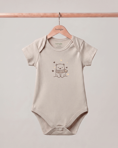 Twingle 100% Organic Cotton Bodysuit-Envelope Neck for Easy Dressing-Nickel Free Snaps-Hearts & Stars Print-Beige-Pack of 2-For Infants