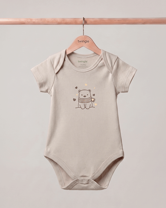 Twingle 100% Organic Cotton Bodysuit-Envelope Neck for Easy Dressing-Nickel Free Snaps-Hearts & Stars Print-Beige-Pack of 2-For Infants