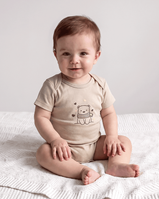 Twingle 100% Organic Cotton Bodysuit-Envelope Neck for Easy Dressing-Nickel Free Snaps-Short Sleeves-Solid-Beige-For Infants