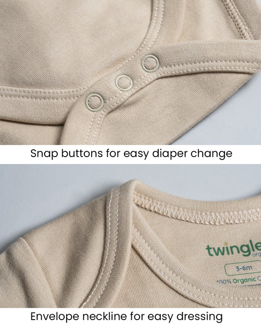 Twingle 100% Organic Cotton Bodysuit-Envelope Neck for Easy Dressing-Nickel Free Snaps-Short Sleeves-Solid-Beige-For Infants