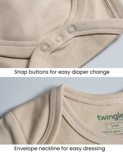 Twingle 100% Organic Cotton Bodysuit-Envelope Neck for Easy Dressing-Nickel Free Snaps-Hearts & Stars Print-Beige-Pack of 2-For Infants