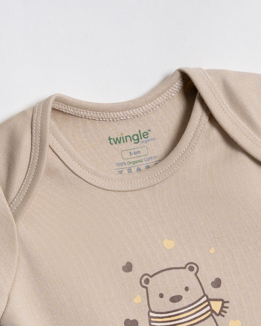 Twingle 100% Organic Cotton Bodysuit-Envelope Neck for Easy Dressing-Nickel Free Snaps-Hearts & Stars Print-Beige-Pack of 2-For Infants
