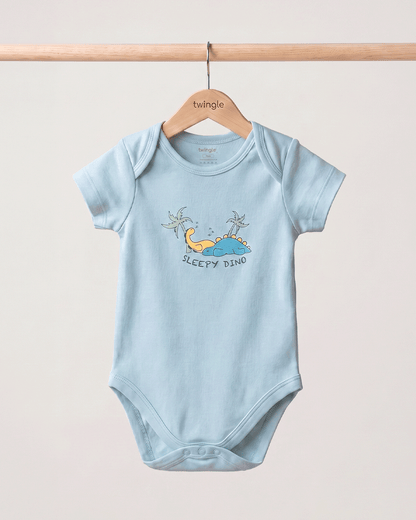 Twingle 100% Organic Cotton Bodysuit-Envelope Neck for Easy Dressing-Nickel Free Snaps-Dino Print-Light Blue-Pack of 2-For Infants