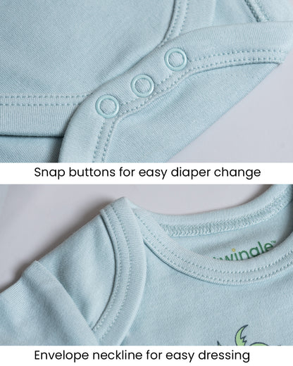 Twingle 100% Organic Cotton Bodysuit-Envelope Neck for Easy Dressing-Nickel Free Snaps-Dino Print-Light Blue-Pack of 2-For Infants