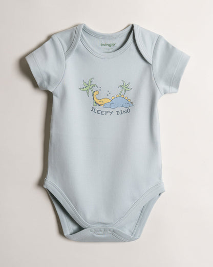 Twingle 100% Organic Cotton Bodysuit-Envelope Neck for Easy Dressing-Nickel Free Snaps-Dino Print-Light Blue-Pack of 2-For Infants