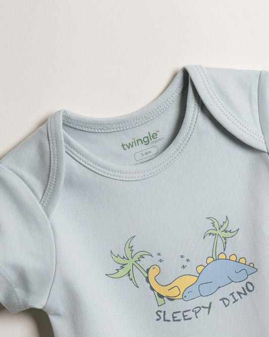 Twingle 100% Organic Cotton Bodysuit-Envelope Neck for Easy Dressing-Nickel Free Snaps-Dino Print-Light Blue-Pack of 2-For Infants