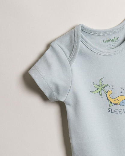 Twingle 100% Organic Cotton Bodysuit-Envelope Neck for Easy Dressing-Nickel Free Snaps-Dino Print-Light Blue-Pack of 2-For Infants