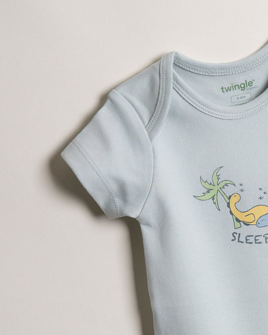 Twingle 100% Organic Cotton Bodysuit-Envelope Neck for Easy Dressing-Nickel Free Snaps-Dino Print-Light Blue-Pack of 2-For Infants