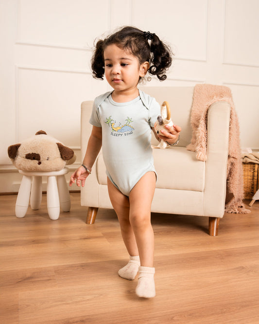 Twingle 100% Organic Cotton Bodysuit-Envelope Neck for Easy Dressing-Nickel Free Snaps-Dino Print-Light Blue-Pack of 2-For Infants