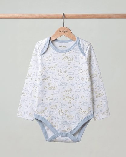 Twingle 100% Organic Cotton Bodysuit-Envelope Neck for Easy Dressing-Nickel Free Snaps-Dino Print-Light Blue-Pack of 2-For Infants