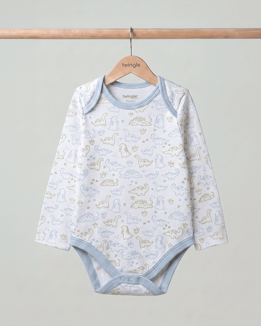 Twingle 100% Organic Cotton Bodysuit-Envelope Neck for Easy Dressing-Nickel Free Snaps-Dino Print-Light Blue-Pack of 2-For Infants