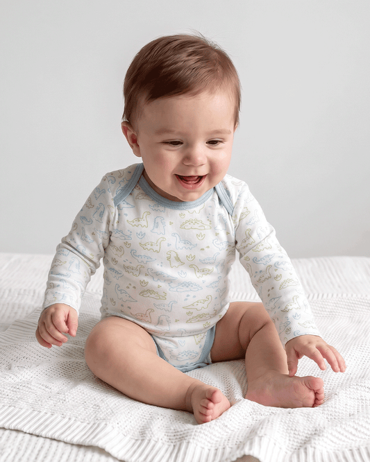 Twingle 100% Organic Cotton Bodysuit-Envelope Neck for Easy Dressing-Nickel Free Snaps-Long Sleeves-Dino Print-White-For Infants