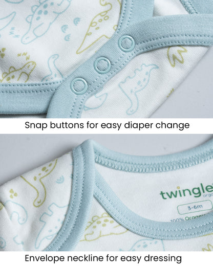 Twingle 100% Organic Cotton Bodysuit-Envelope Neck for Easy Dressing-Nickel Free Snaps-Long Sleeves-Dino Print-White-For Infants