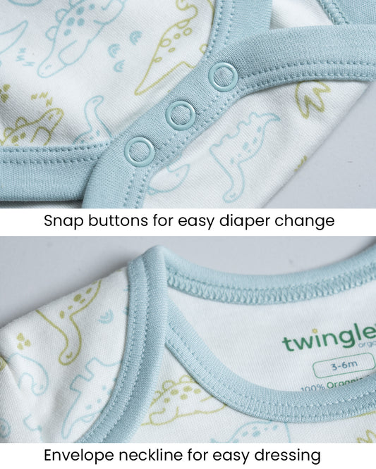 Twingle 100% Organic Cotton Bodysuit-Envelope Neck for Easy Dressing-Nickel Free Snaps-Long Sleeves-Dino Print-White-For Infants