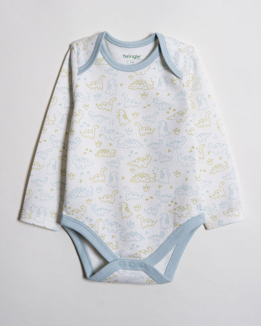 Twingle 100% Organic Cotton Bodysuit-Envelope Neck for Easy Dressing-Nickel Free Snaps-Dino Print-Light Blue-Pack of 2-For Infants