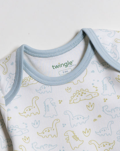 Twingle 100% Organic Cotton Baby Bodysuit-Long Sleeves-Nickel Free Snaps-White-Dino Print-For Infants