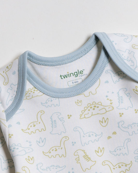 Twingle 100% Organic Cotton Bodysuit-Envelope Neck for Easy Dressing-Nickel Free Snaps-Dino Print-Light Blue-Pack of 2-For Infants