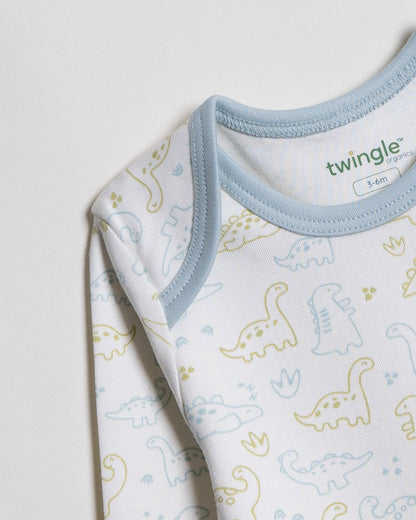 Twingle 100% Organic Cotton Bodysuit-Envelope Neck for Easy Dressing-Nickel Free Snaps-Dino Print-Light Blue-Pack of 2-For Infants